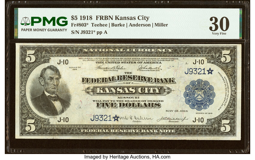 1918 $5  Kansas City, Star Replacement (Fr. 803*) thumbnail 2