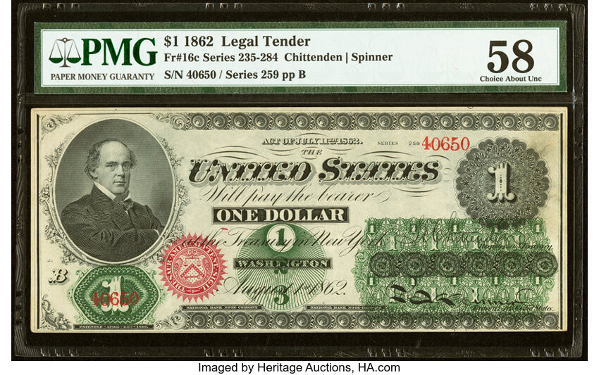 1862 $1  Seal Type 2, No Patent Date (Fr. 16c) thumbnail 3