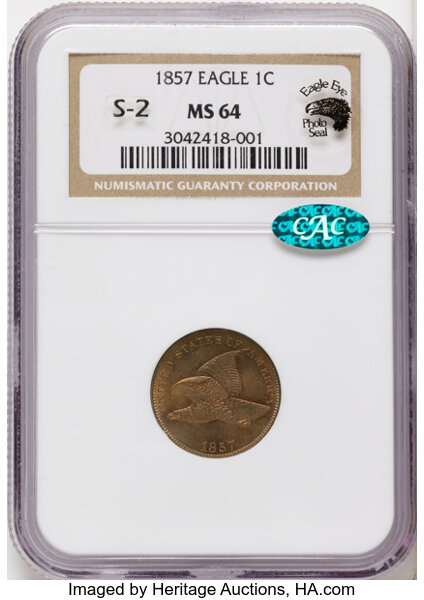 1857 1c Flying Eagle, Obverse of 1856, FS-401b, S-2 MS thumbnail 3