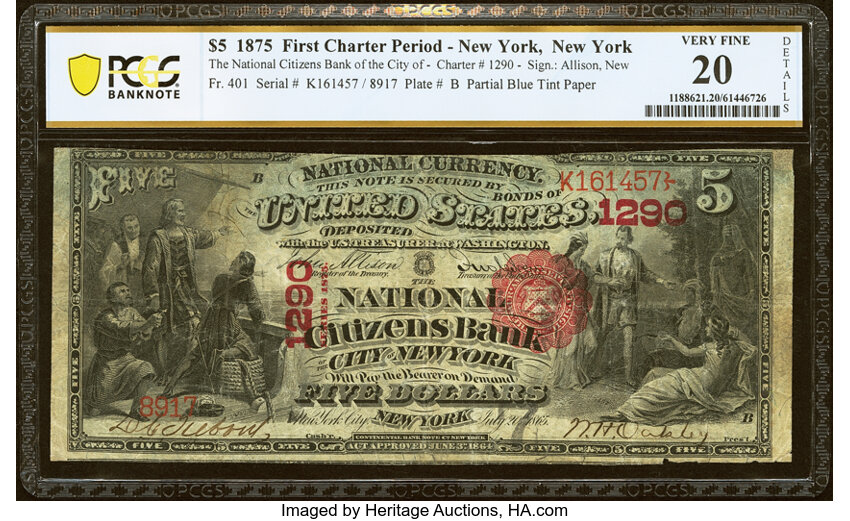 1875 $5  1st Charter Period, Scalloped Seal (Fr. 401) thumbnail 2