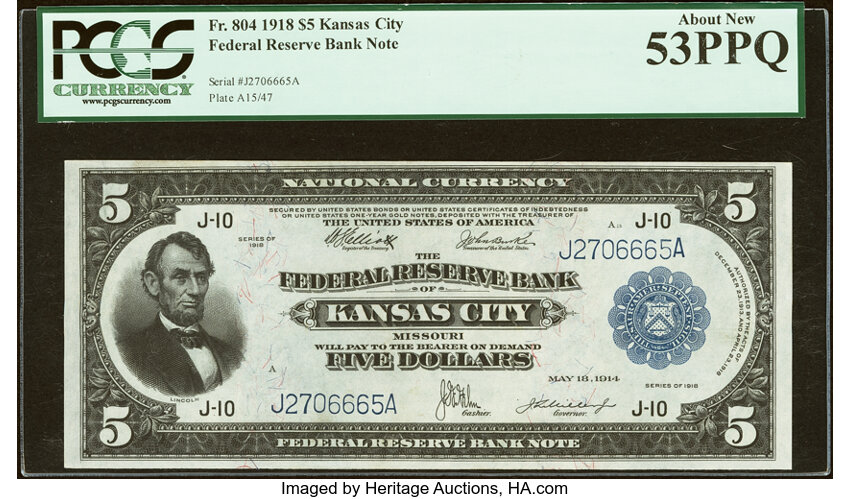 1918 $5  Kansas City (Fr. 804) thumbnail 2