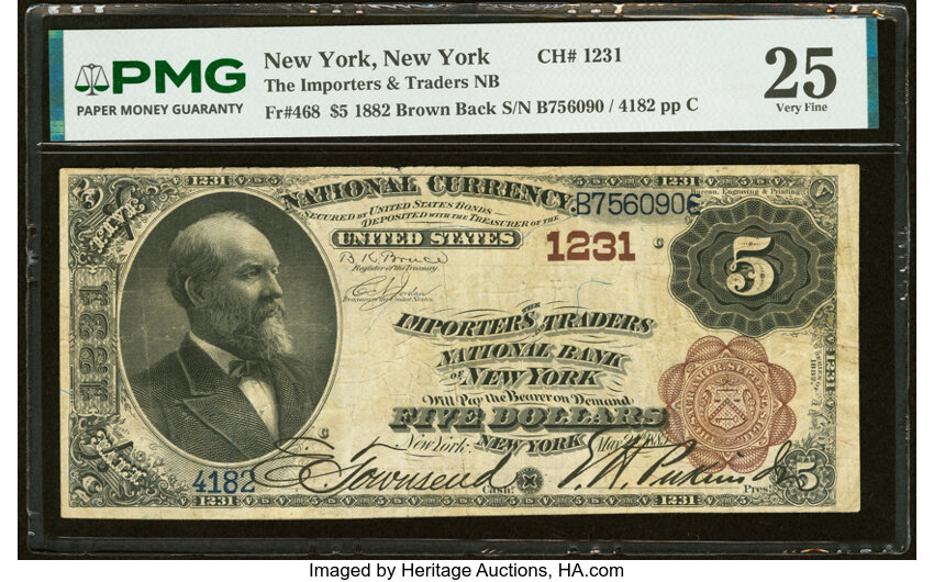 1882 $5  2nd Charter Period, 1st Issue, Brown Back (Fr. 468) thumbnail 2