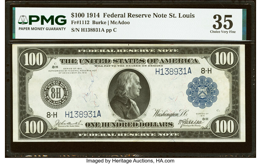 1914 $100  Blue Seal, St. Louis (Fr. 1112) thumbnail 2