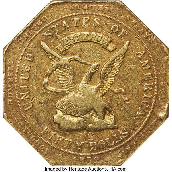 1852 G$50  Humbert, Target Rev, 887 THOUS, Reeded Edge, K-11 MS thumbnail 3
