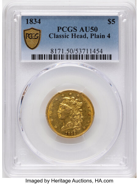 1834 $5  Classic Head, Plain 4, HM-6 MS thumbnail 4