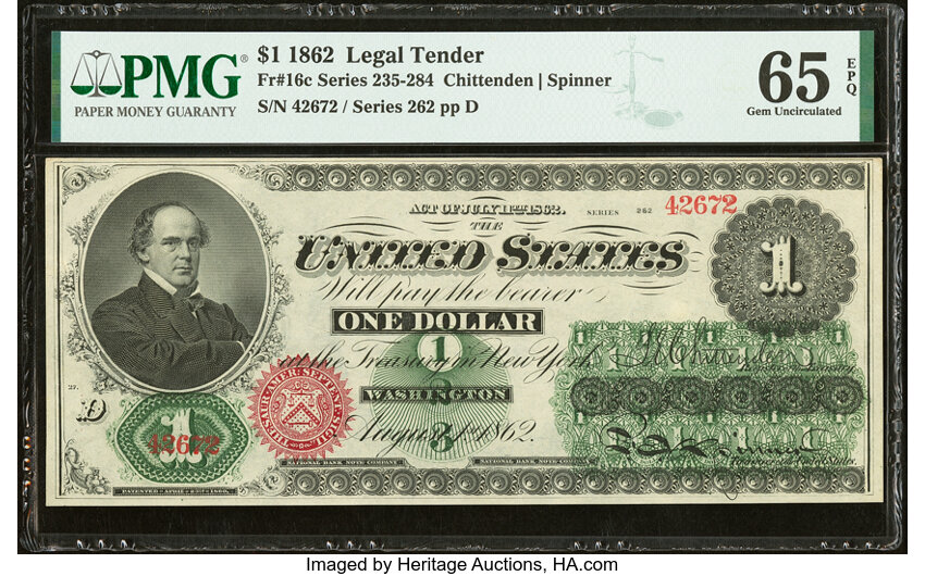 1862 $1  Seal Type 2, No Patent Date (Fr. 16c) thumbnail 2