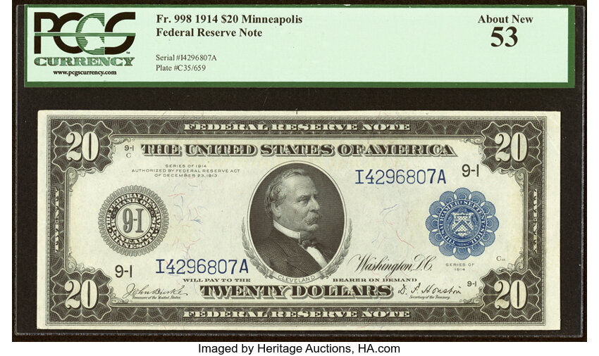 1914 $20  Blue Seal, Minneapolis (Fr. 998) thumbnail 2