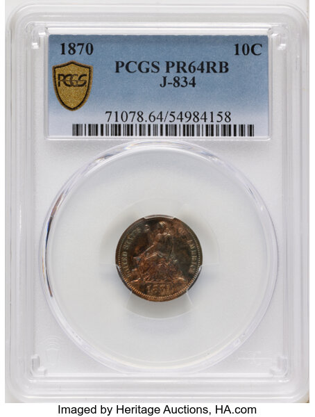 1870 P10c Copper, J-834 PR RB thumbnail 3