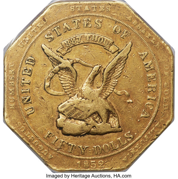 1852 G$50  Humbert, Target Rev, 887 THOUS, Reeded Edge, K-11 MS thumbnail 2