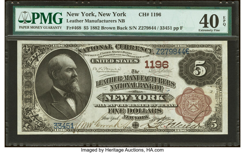 1882 $5  2nd Charter Period, 1st Issue, Brown Back (Fr. 468) thumbnail 3