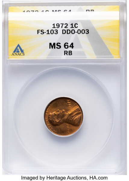 1972 1c Doubled Die Obverse, FS-103 MS RB thumbnail 2