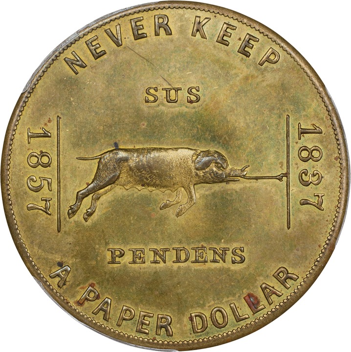 1857 SC$1 Aaron White, Brass, HK-830 MS65 thumbnail 2