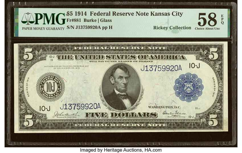 1914 $5  Blue Seal, Kansas City (Fr. 881) thumbnail 2