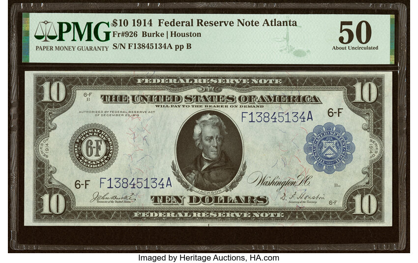 1914 $10  Blue Seal, Atlanta (Fr. 926) thumbnail 2