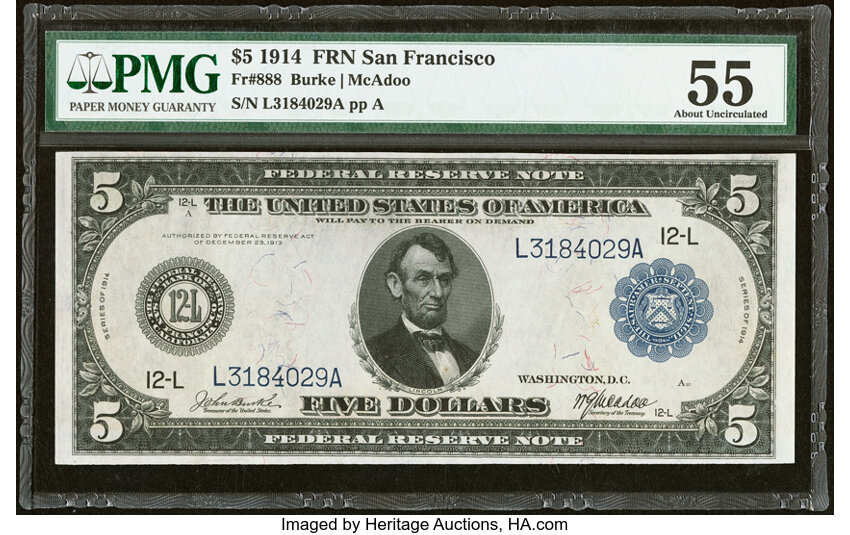 1914 $5  Blue Seal, San Francisco (Fr. 888) thumbnail 2