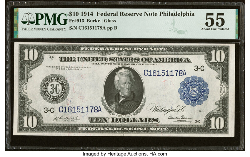 1914 $10  Blue Seal, Philadelphia (Fr. 913) thumbnail 2