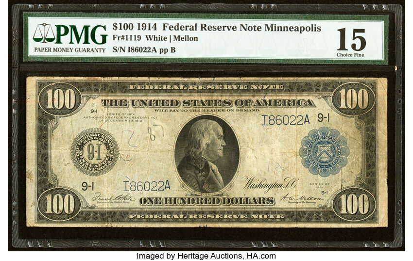 1914 $100  Blue Seal, Minneapolis (Fr. 1119) thumbnail 2