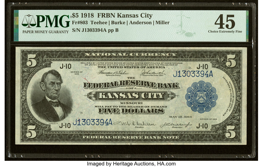 1918 $5  Kansas City (Fr. 803) thumbnail 2
