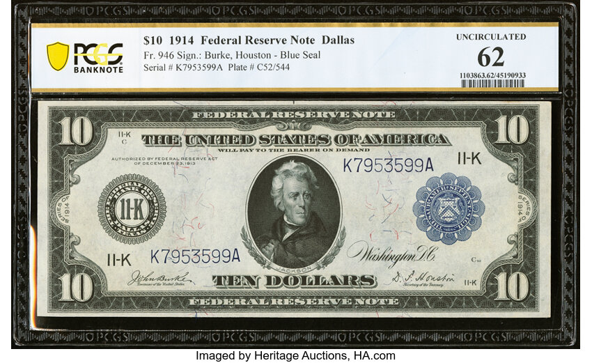 1914 $10  Blue Seal, Dallas (Fr. 946) thumbnail 2