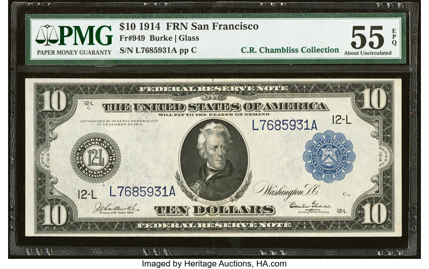 1914 $10  Blue Seal, San Francisco (Fr. 949) thumbnail 2
