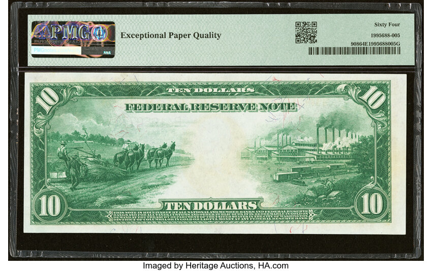 1914 $10  Blue Seal, New York (Fr. 908) thumbnail 6