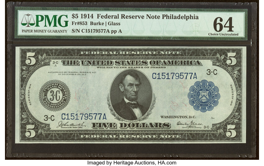 1914 $5  Blue Seal, Philadelphia (Fr. 853) thumbnail 2