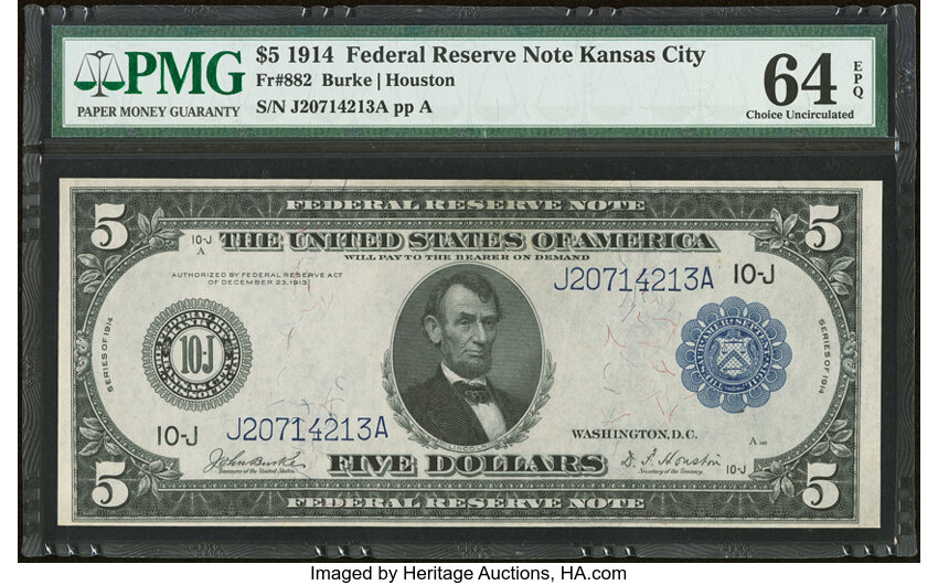1914 $5  Blue Seal, Kansas City (Fr. 882) thumbnail 2