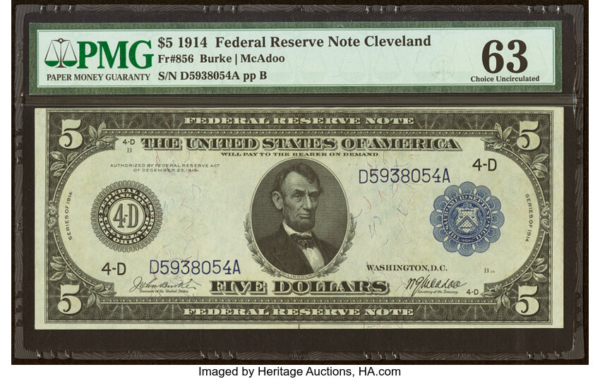 1914 $5  Blue Seal, Cleveland (Fr. 856) thumbnail 2