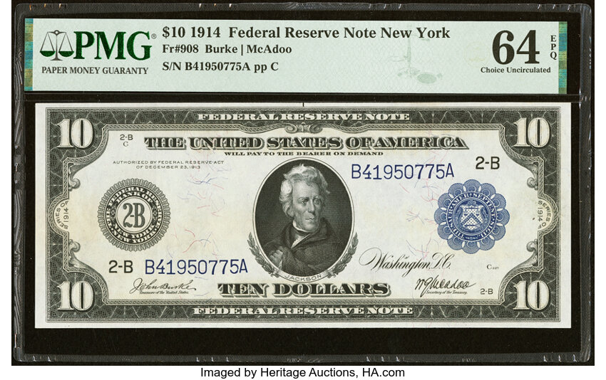 1914 $10  Blue Seal, New York (Fr. 908) thumbnail 2