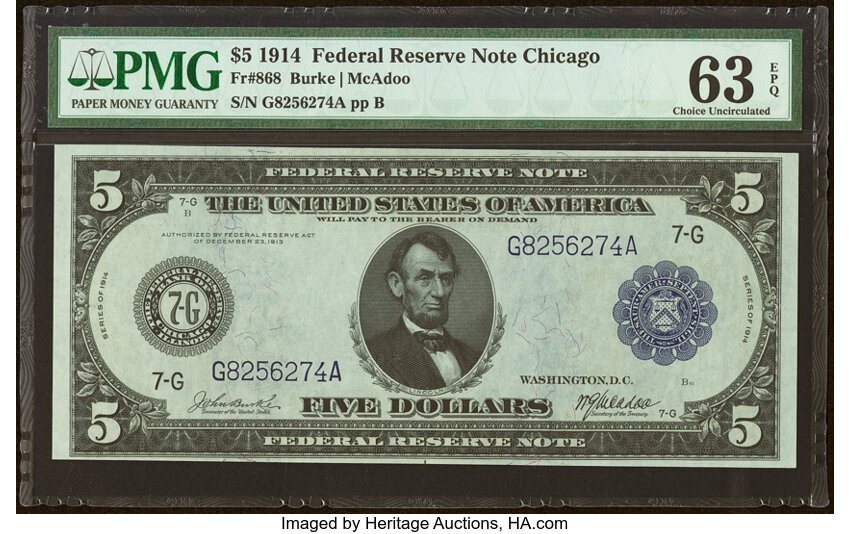 1914 $5  Blue Seal, Chicago (Fr. 868) thumbnail 2