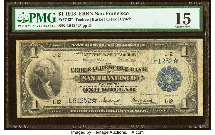1918 $1  San Francisco, Star Replacement (Fr. 743*) thumbnail 2