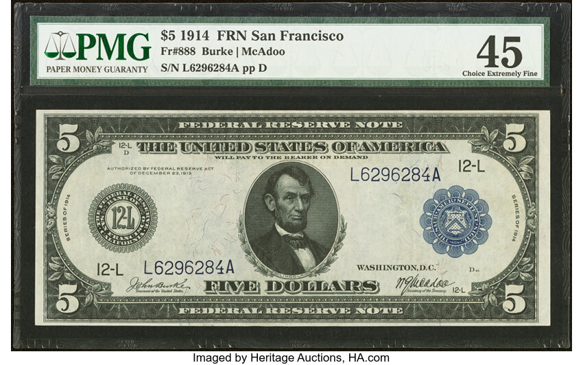 1914 $5  Blue Seal, San Francisco (Fr. 888) thumbnail 3