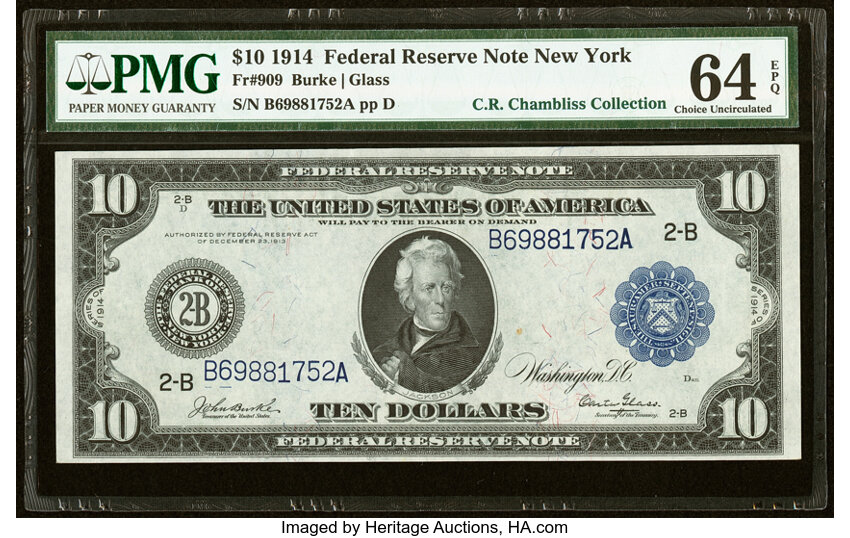 1914 $10  Blue Seal, New York (Fr. 909) thumbnail 2