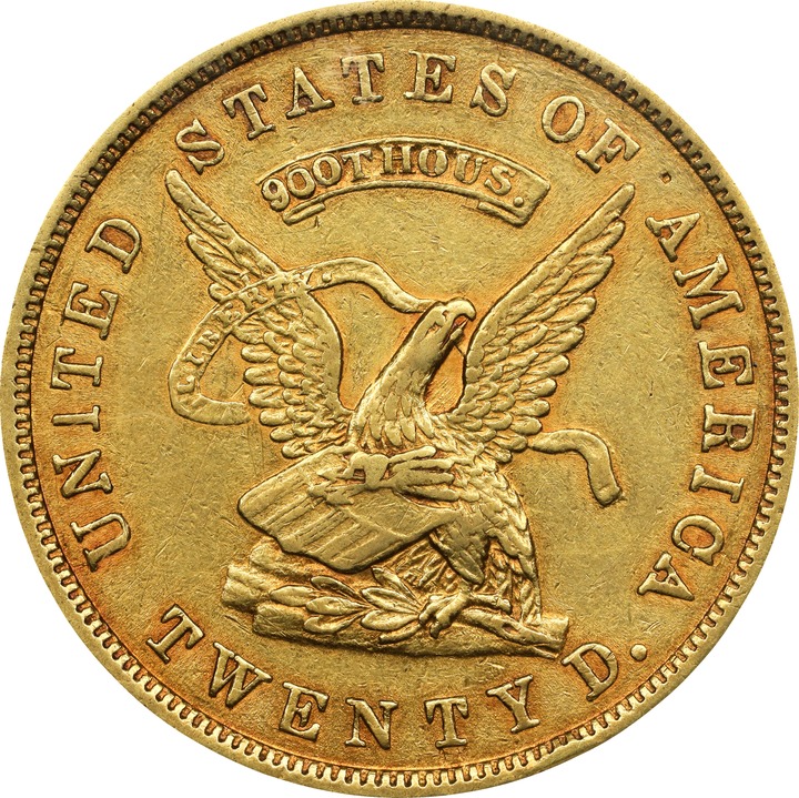 1853 G$20  U.S. Assay Office, TWENTY D., 900 THOUS, K-18 MS thumbnail 3
