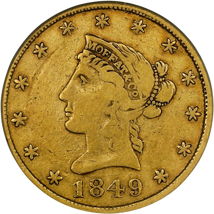1849 G$10  Moffat & Co., TEN DOL., Period below Arrowhead, K-6 MS thumbnail 2