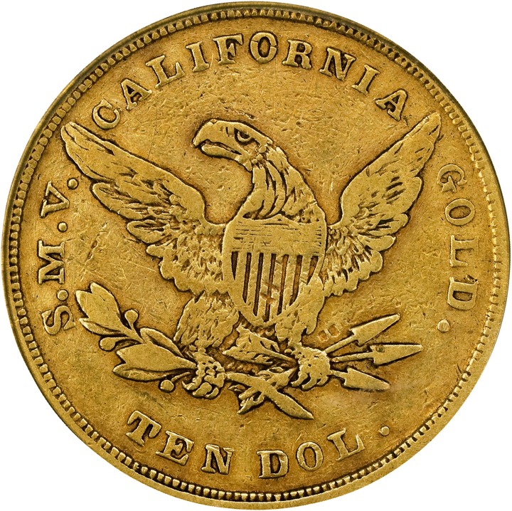 1849 G$10  Moffat & Co., TEN DOL., Period below Arrowhead, K-6 MS thumbnail 7