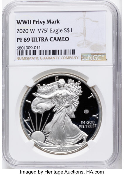 2020-W $1  Silver Eagle, v75 Privy WWII Anniversary PR DCAM thumbnail 6