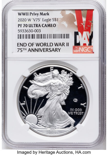 2020-W $1  Silver Eagle, v75 Privy WWII Anniversary PR DCAM thumbnail 5