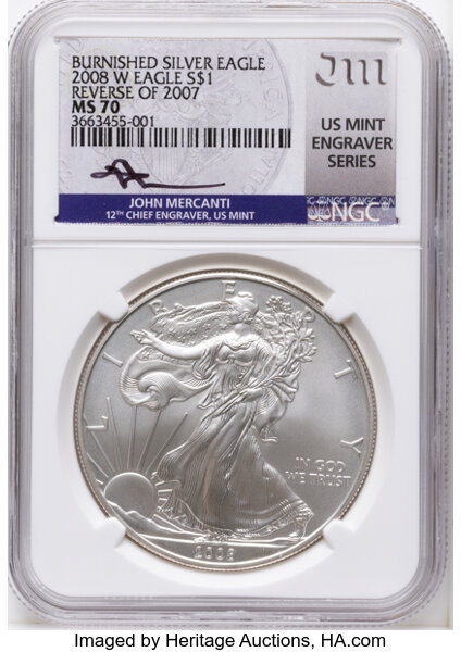 2008-W $1  Silver Eagle, Burnished, Reverse of 2007 MS thumbnail 4