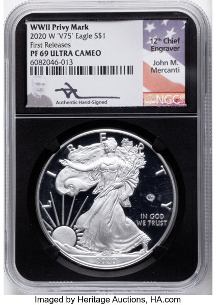 2020-W $1  Silver Eagle, v75 Privy WWII Anniversary PR DCAM thumbnail 7