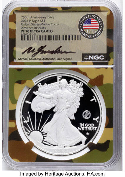 2025-P $1  Silver Eagle, U.S. Marine Corps Privy PR DCAM thumbnail 3