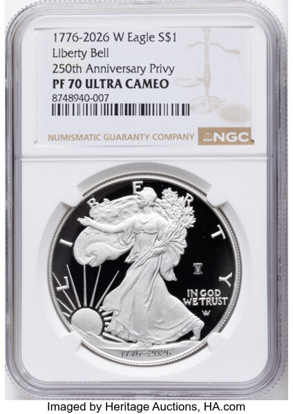 1776~2026-W $1  Silver Eagle, Liberty Bell Privy, 250th Anniversary PR DCAM thumbnail 5