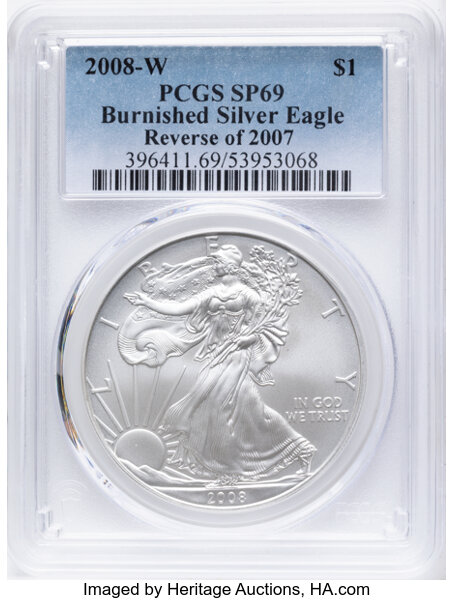 2008-W $1  Silver Eagle, Burnished, Reverse of 2007 MS thumbnail 5