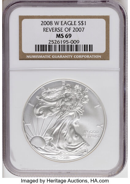 2008-W $1  Silver Eagle, Burnished, Reverse of 2007 MS thumbnail 3
