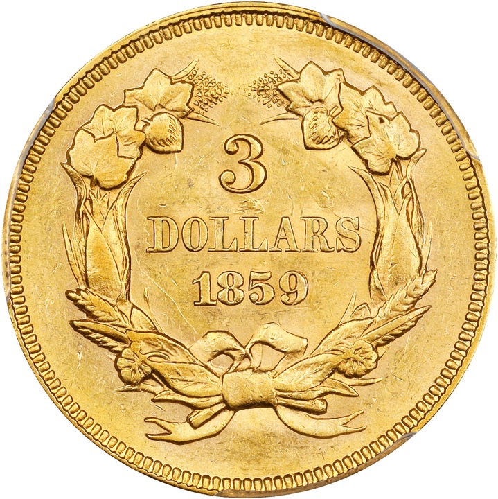 1859 $3 AU58 CAC thumbnail 2
