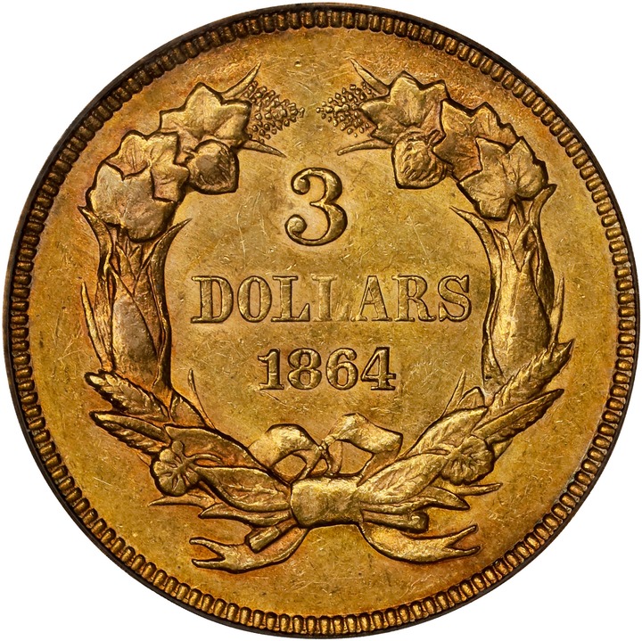 1864 $3 AU58 CAC thumbnail 2