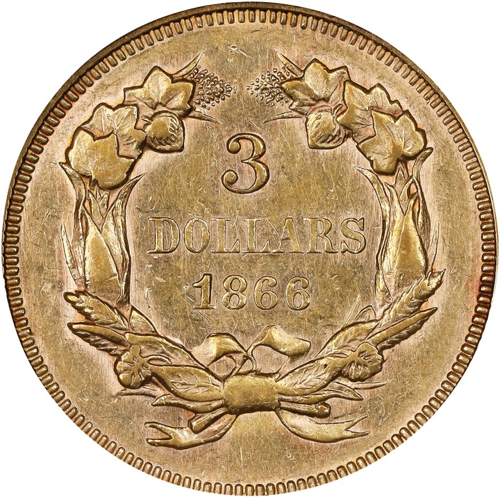 1866 $3 AU55 CAC thumbnail 2