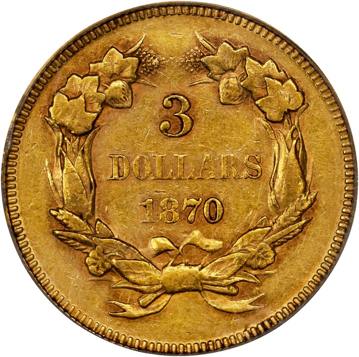 1870 $3 AU50 thumbnail 4