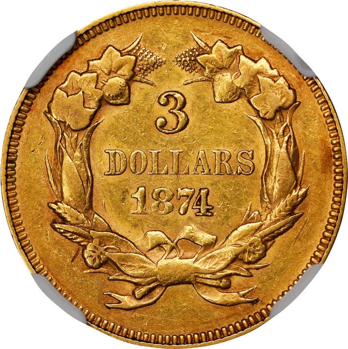 1874 $3 AU55 CAC thumbnail 2