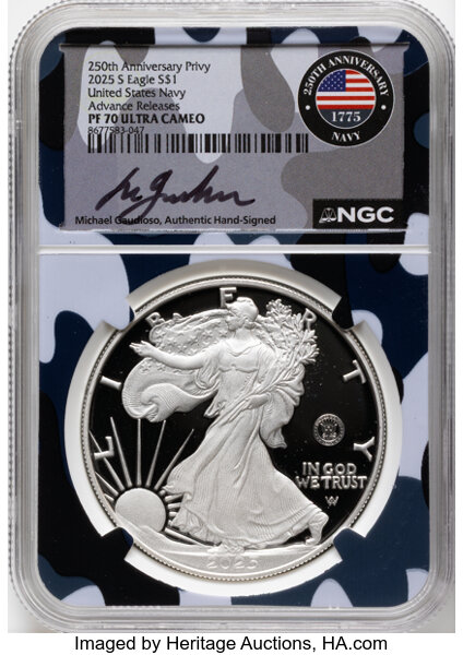 2025-S $1  Silver Eagle, U.S. Navy Privy PR DCAM thumbnail 3